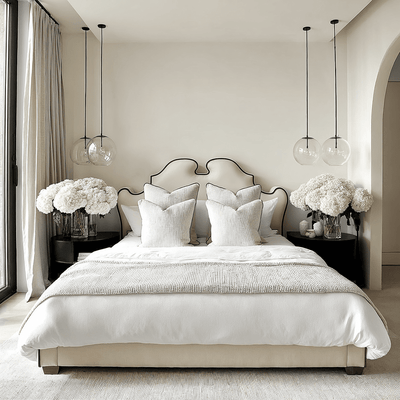 Seraphina Vanilla Velvet Statement Curved Bed with Black Piping Detail Beds and Headboards 