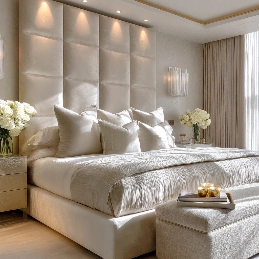 Serene Cream Velvet Luxury Cubed Upholstered Headboard Beds and Headboards 