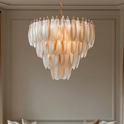 Siella Luxury Glass Feathers Tiered White & Champagne Chandelier Lighting 