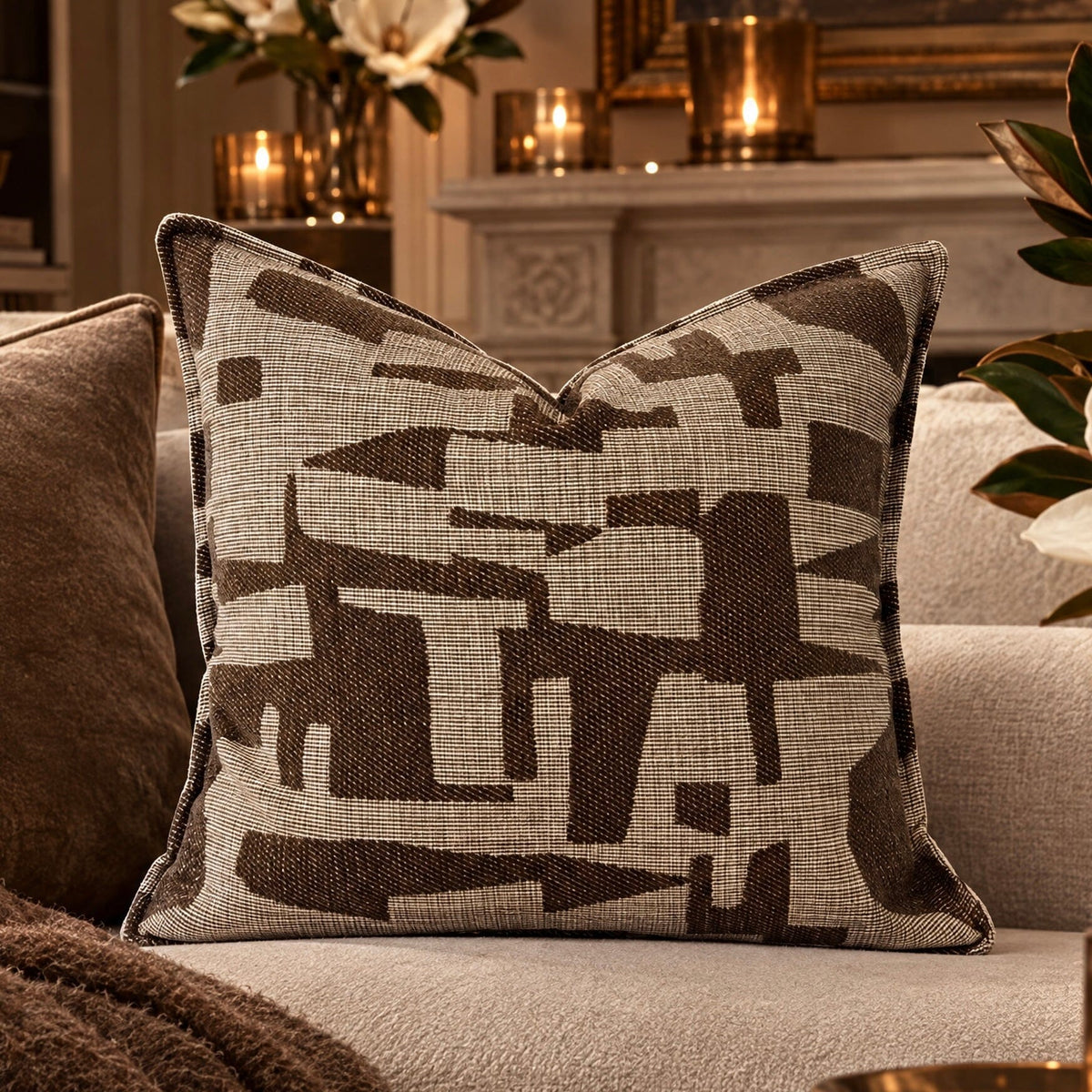 Sierra Brown & Taupe Geometric Feather Filled Cushion - 50x50cm Textiles 