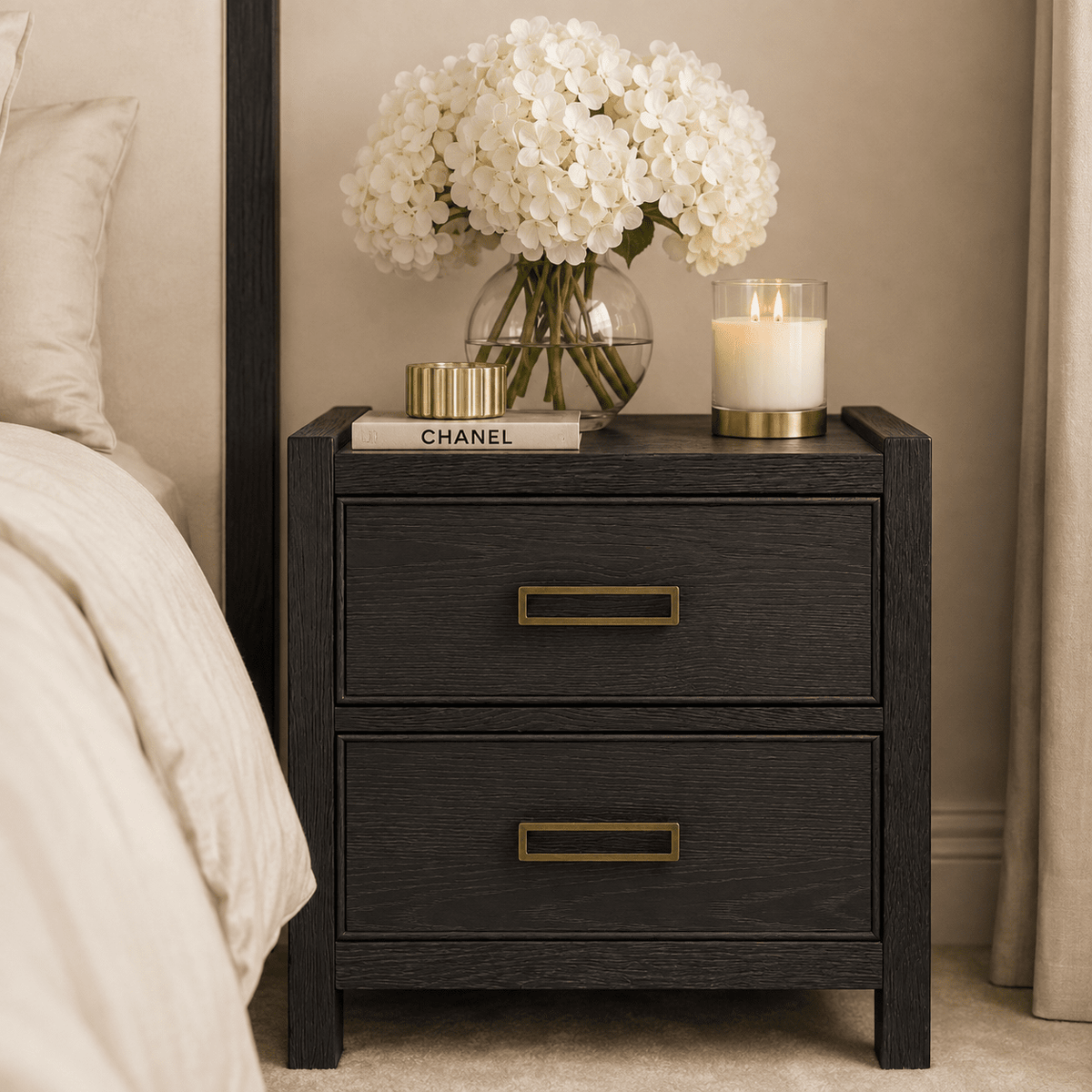 Soho Black Oak Veneer 2 Drawer Bedside Table Furniture 