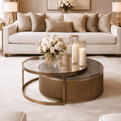 Sovana Antique Brass Nesting Coffee Tables with Grey Marble and Glass Top Furniture 