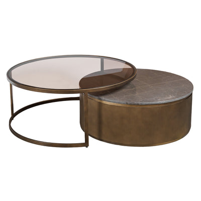 Sovana Antique Brass Nesting Coffee Tables with Grey Marble and Glass Top Furniture 