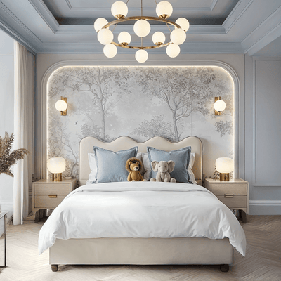 Squiggle Vanilla Velvet Scalloped Bed with Blue Piping Detail Beds and Headboards 