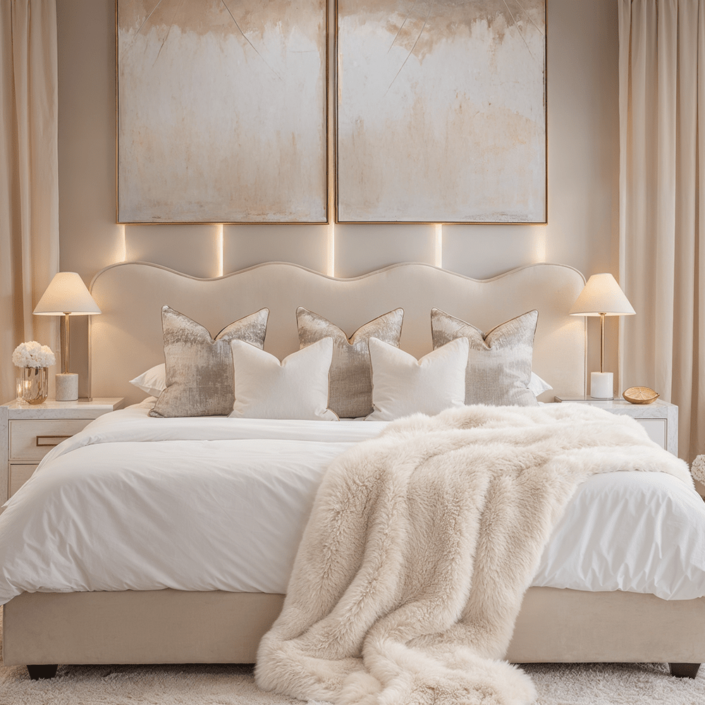 Squiggle Vanilla Velvet Scalloped Bed with Cream Piping Detail Beds and Headboards 