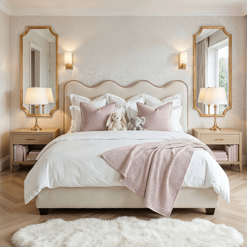 Squiggle Vanilla Velvet Scalloped Bed with Pink Piping Detail Beds and Headboards 