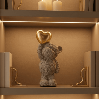 Standing Grey Bear with Gold Balloon Heart Ornament Accessories 