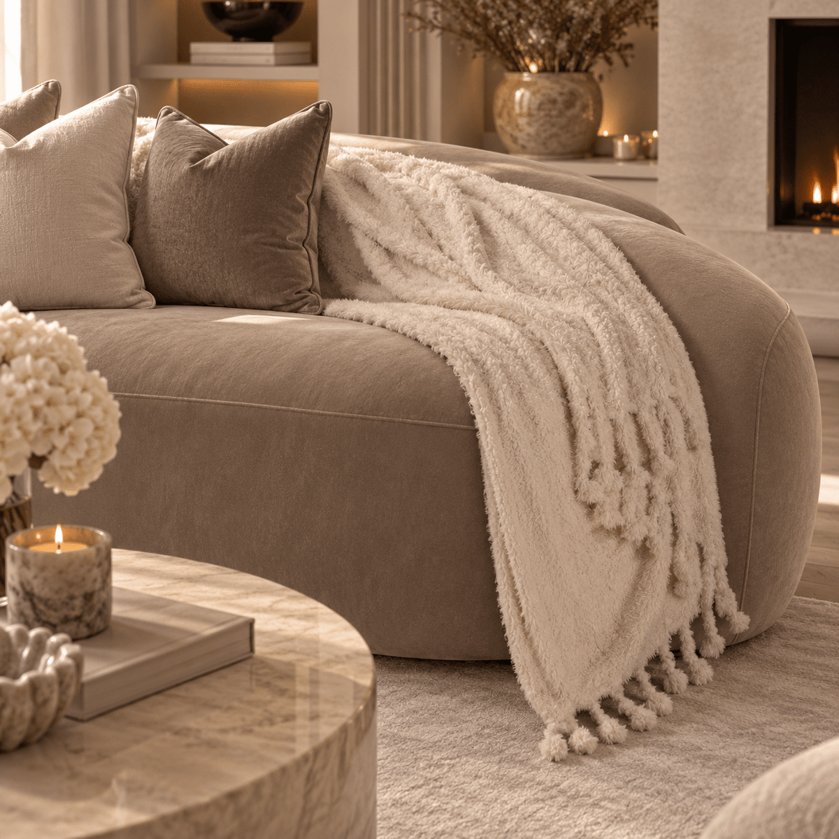 Sydney Oatmeal Sherpa Tasselled Edge Throw Textiles 