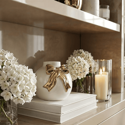 Talia Cream & Gold Decorative Vase with Bow Accessories 