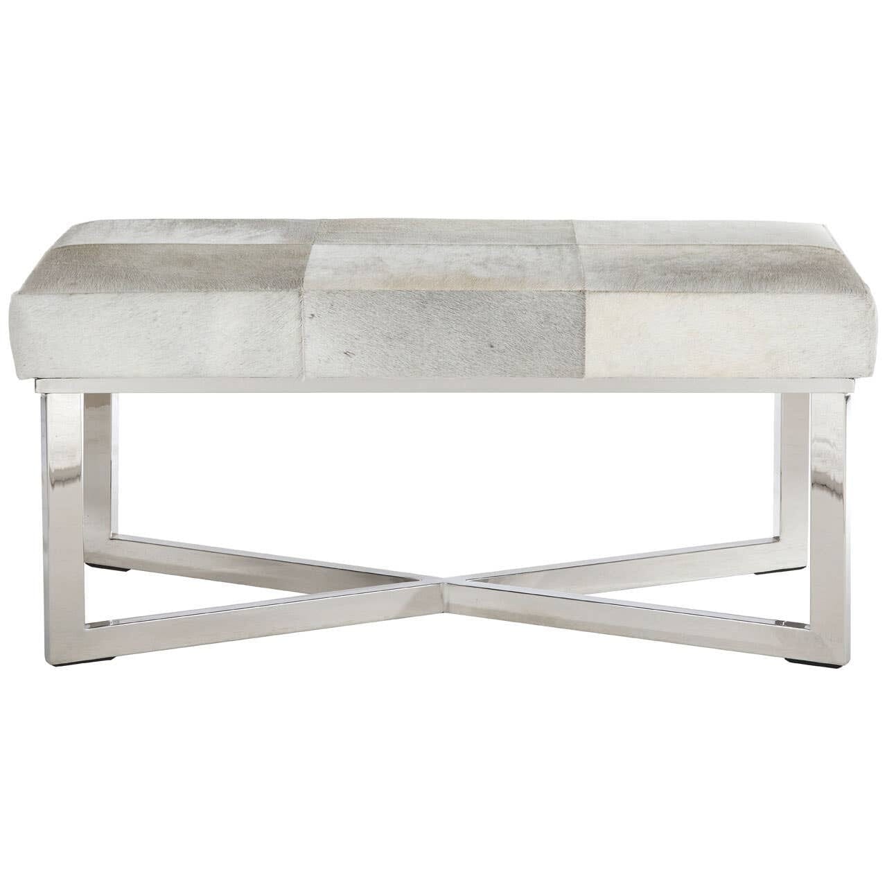 Tigran Light Grey Leather Bench with Silver Base Furniture 
