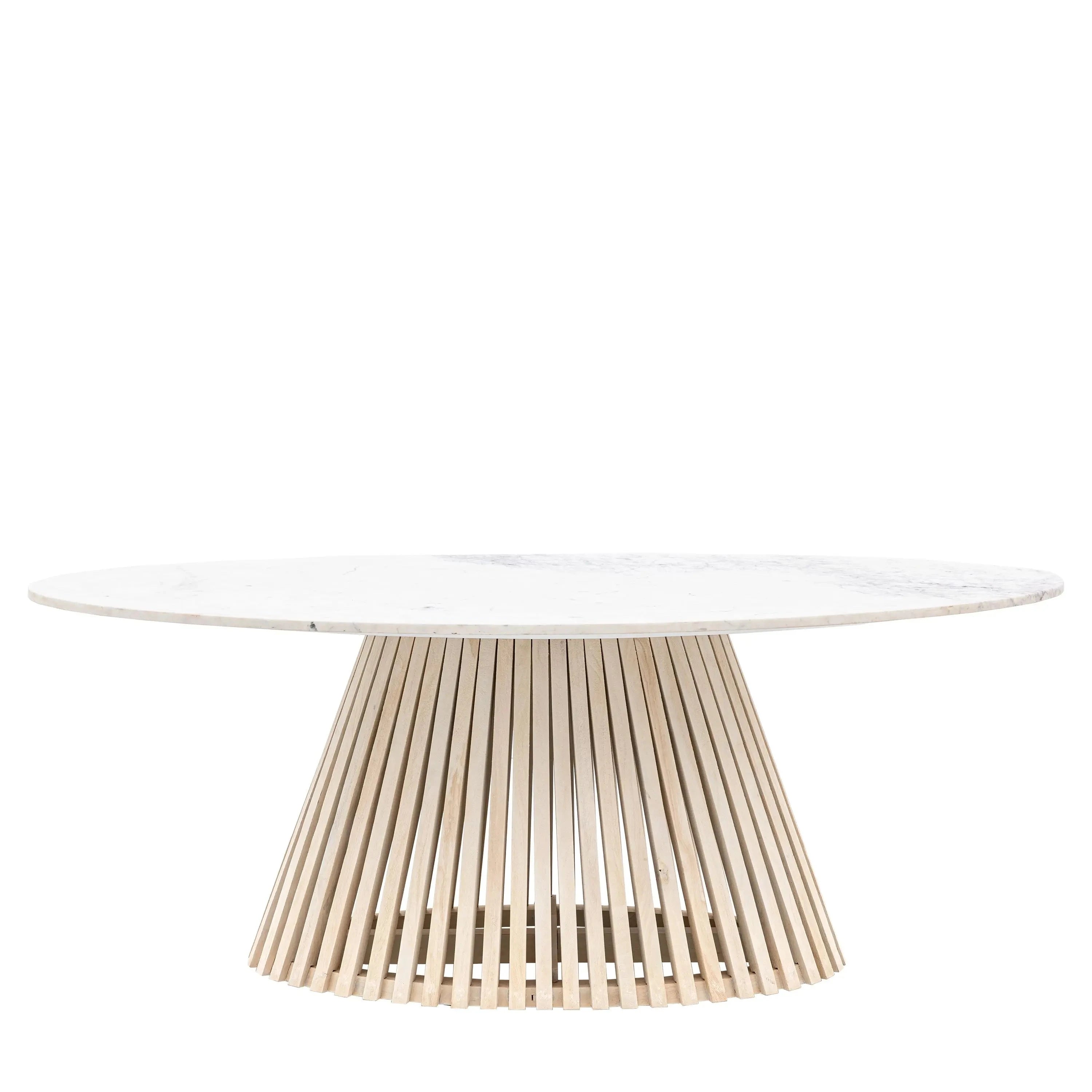 Tova Whitewash Slatted Wood Oval Dining Table with Marble Top Furniture 