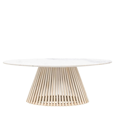 Tova Whitewash Slatted Wood Oval Dining Table with Marble Top Furniture 