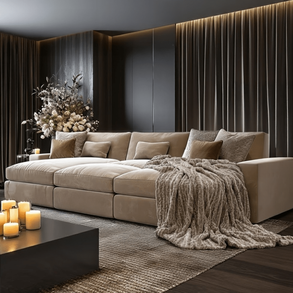 Tribeca Mink Velvet Large U Shape Sofa with Footstool Sofa 
