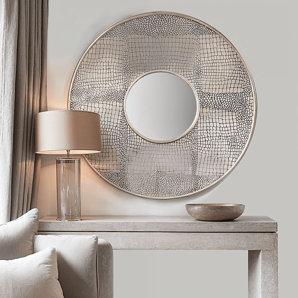 Vali Antique Silver Croc Effect Round Wall Mirror Accessories 