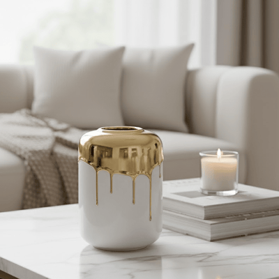 Vellore Petite Gold & White Drip Effect Vase Accessories 