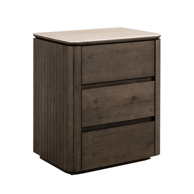 Verity Dark Brown 3 Drawer Bedside Table with Travertine Top Furniture 