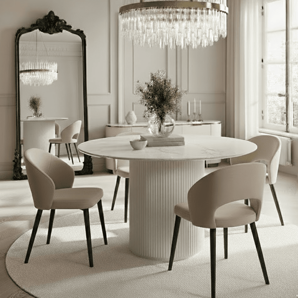 Zadie White Ribbed Round Dining Table with Marble Top Furniture 