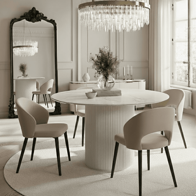 Zadie White Ribbed Round Dining Table with Marble Top Furniture 