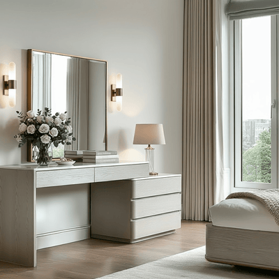 Zendaya 2 Drawer Washed Oak Dressing Table & 3 Drawer Chest with Stone Top Furniture 