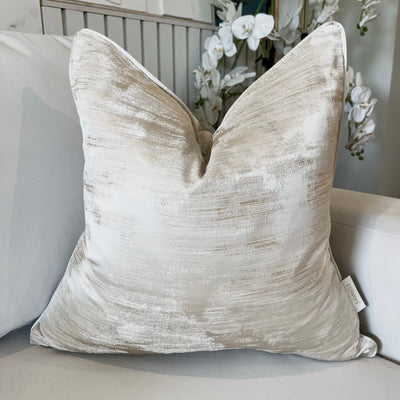 Zirconium Oyster & Gold Metallic Patterned Feather Filled Cushion - 50x50cm Textiles 