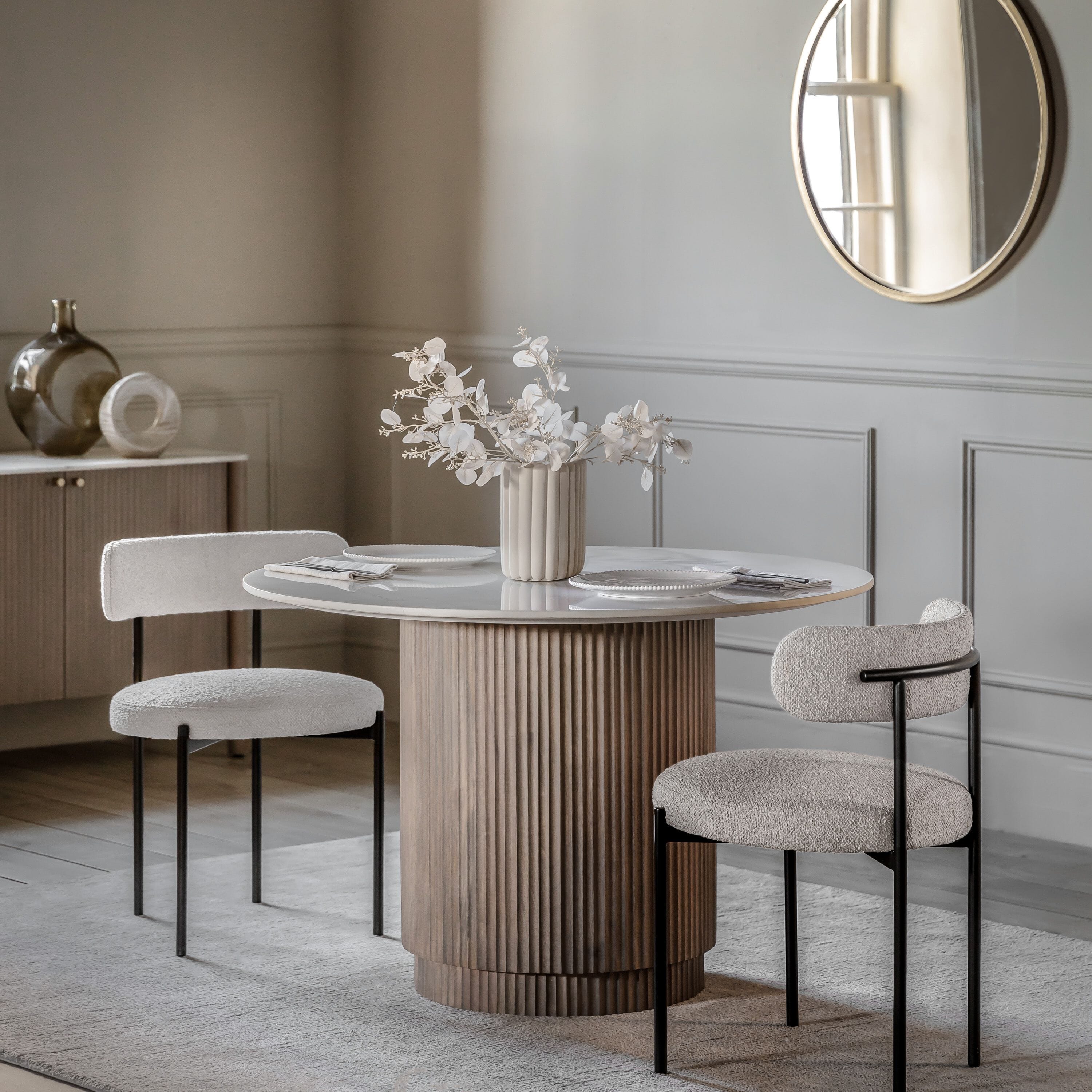 Zoe Neutral Ribbed Wooden Round Dining Table with Marble Top Furniture 
