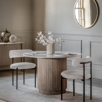 Zoe Neutral Ribbed Wooden Round Dining Table with Marble Top Furniture 