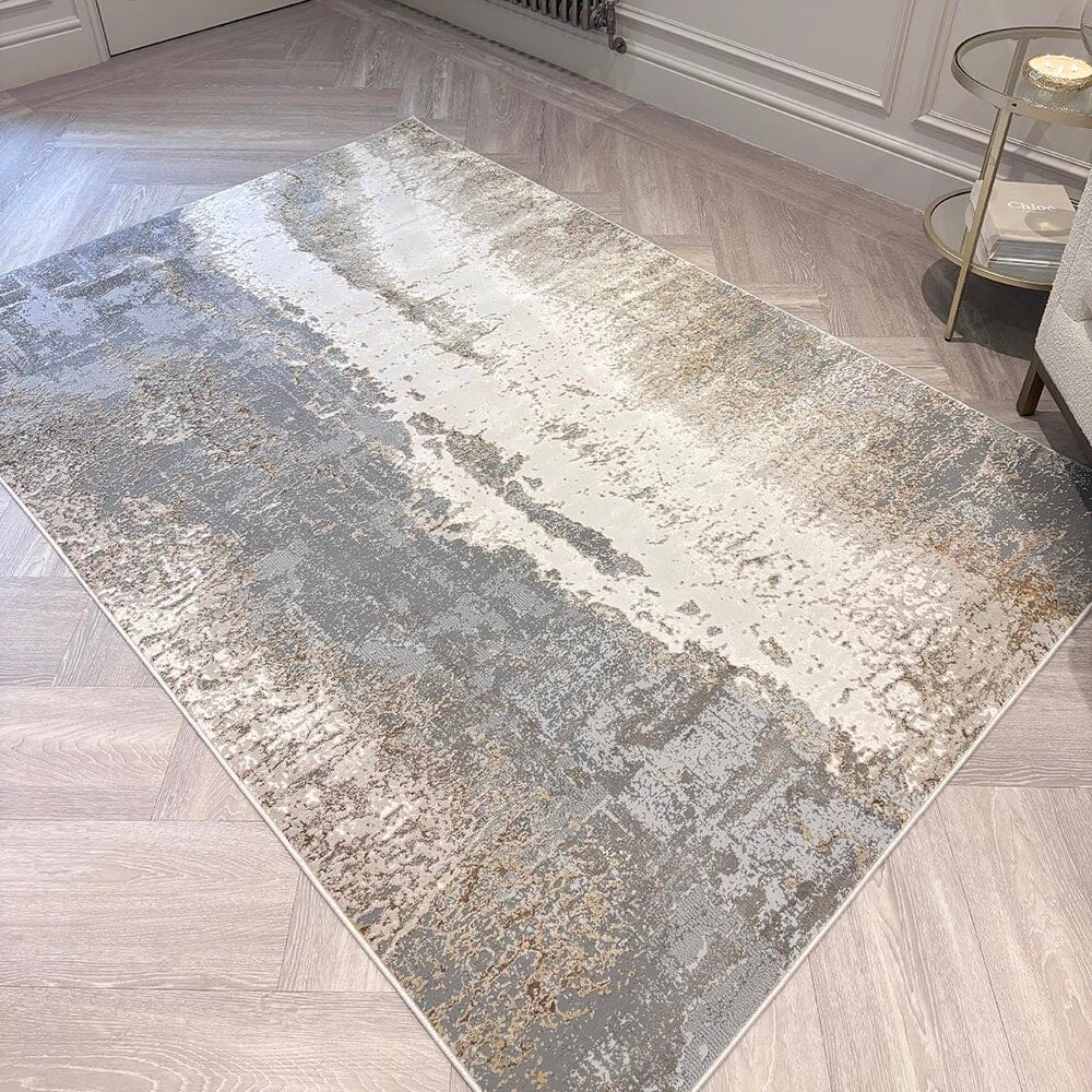 Zorina Grey, Cream & Gold Metallic Marble Velvet Rug Textiles 