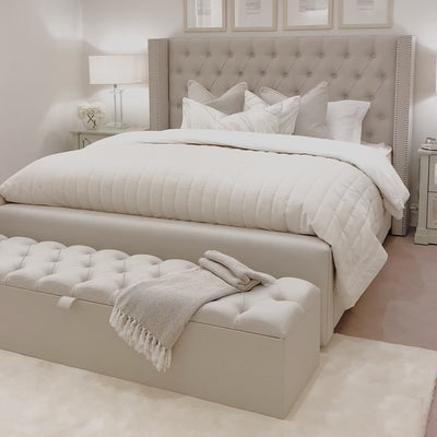 Harper Classic Luxury Grey Tweed Buttoned Silver Stud Wing Chunky Bed