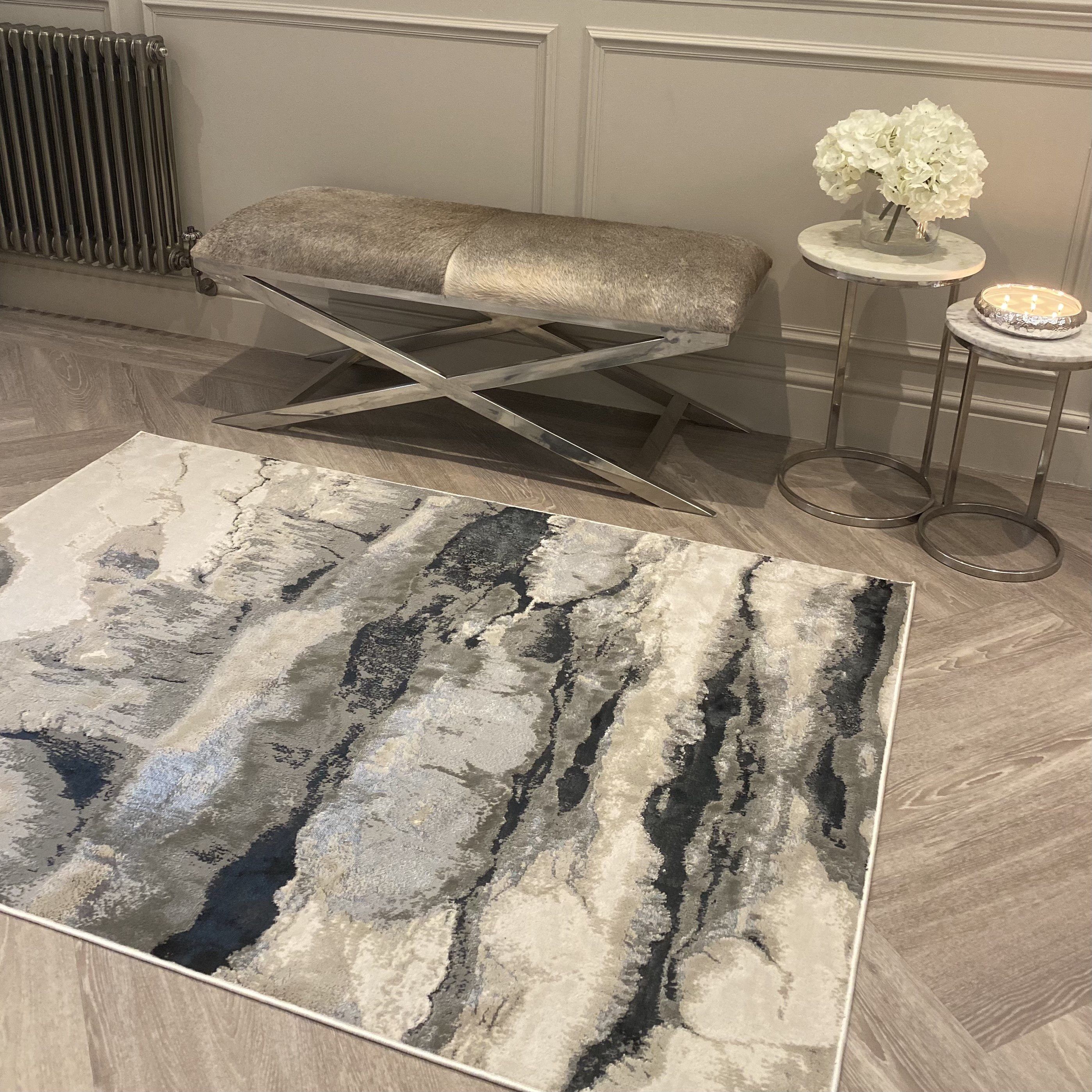 Glacial Cream & Grey Marble Wash Velvet Rug Rug 