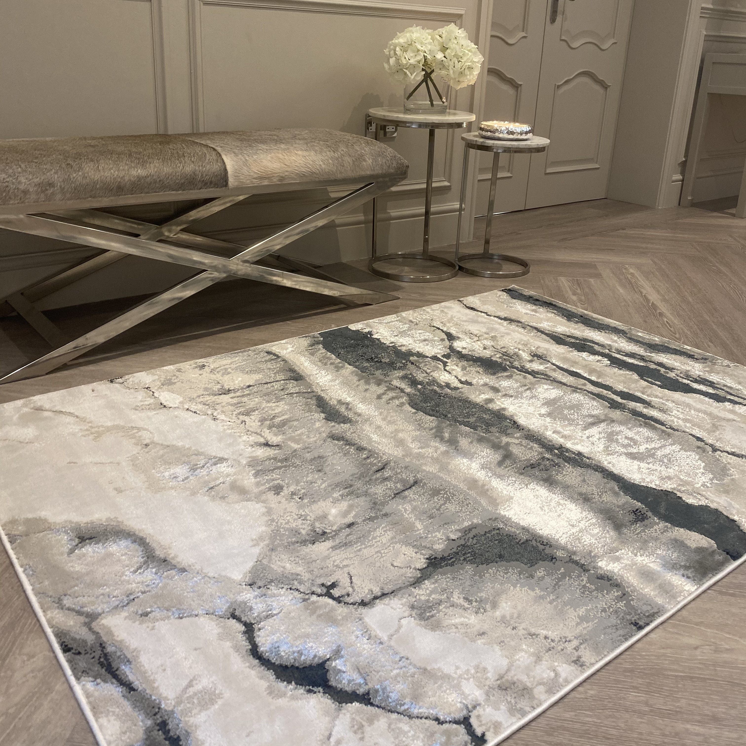 Glacial Cream & Grey Marble Wash Velvet Rug Rug 
