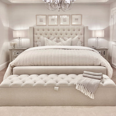 Harper Classic Luxury Grey Tweed Buttoned Silver Stud Wing Chunky Bed Bed 