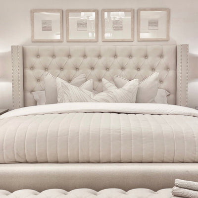 Harper Classic Luxury Grey Tweed Buttoned Silver Stud Wing Chunky Bed Bed 