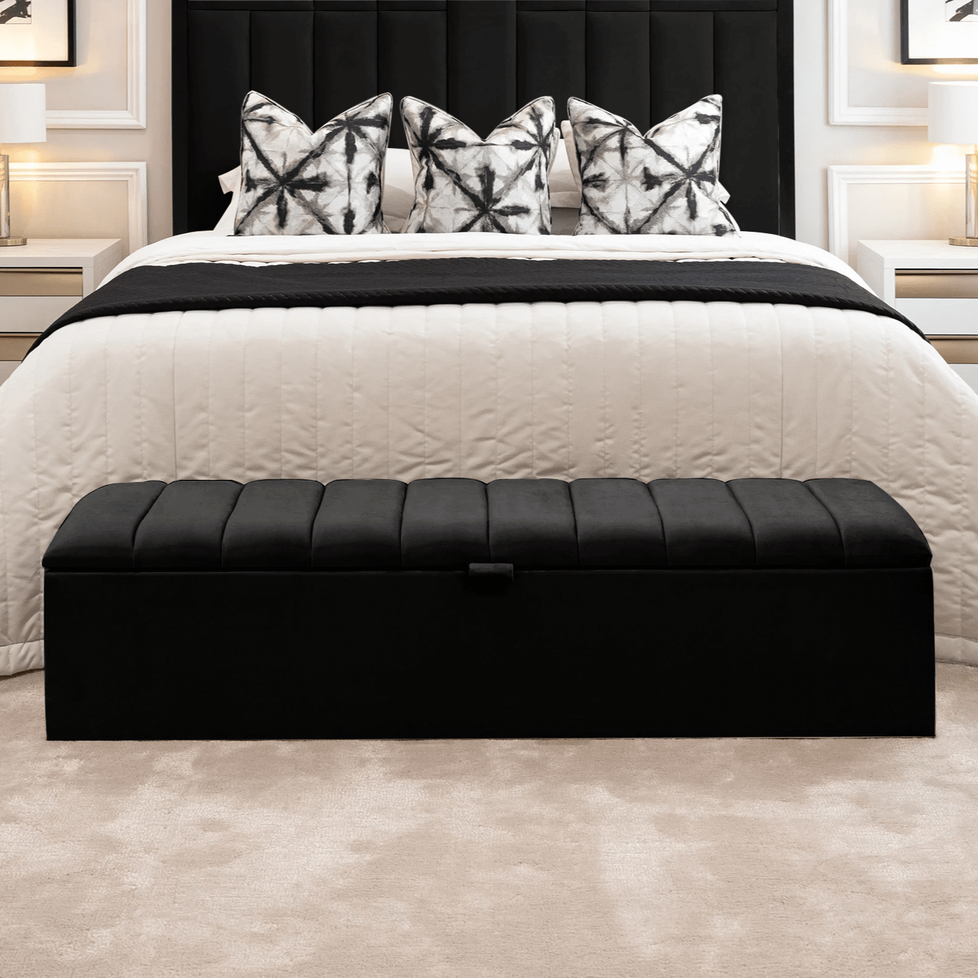 Kensington Noir Black Panelled Ottoman Box Furniture 