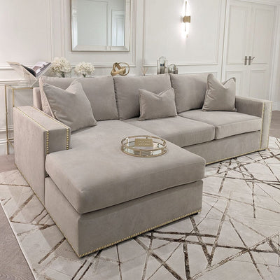 Kiara Mink Velvet Sofa Collection With Brass Studs 