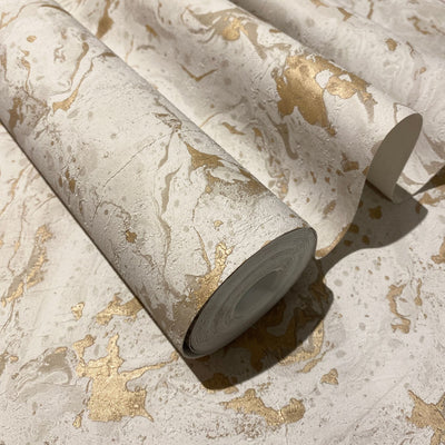 Maddox Neutral & Gold Marble Effect Metallic Wallpaper Wallpaper 