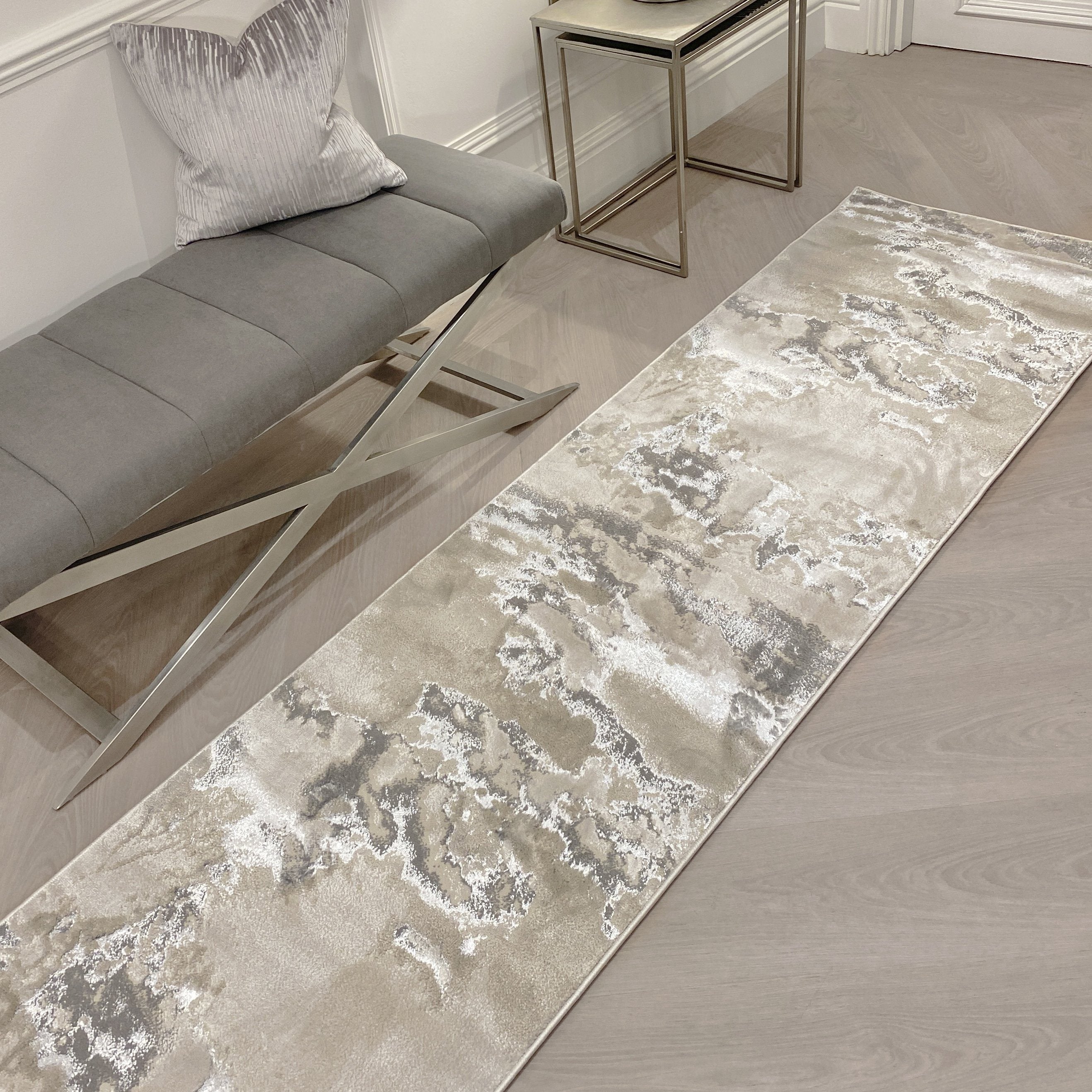 Maia Grey, Cream & Silver Marble Runner Rug 