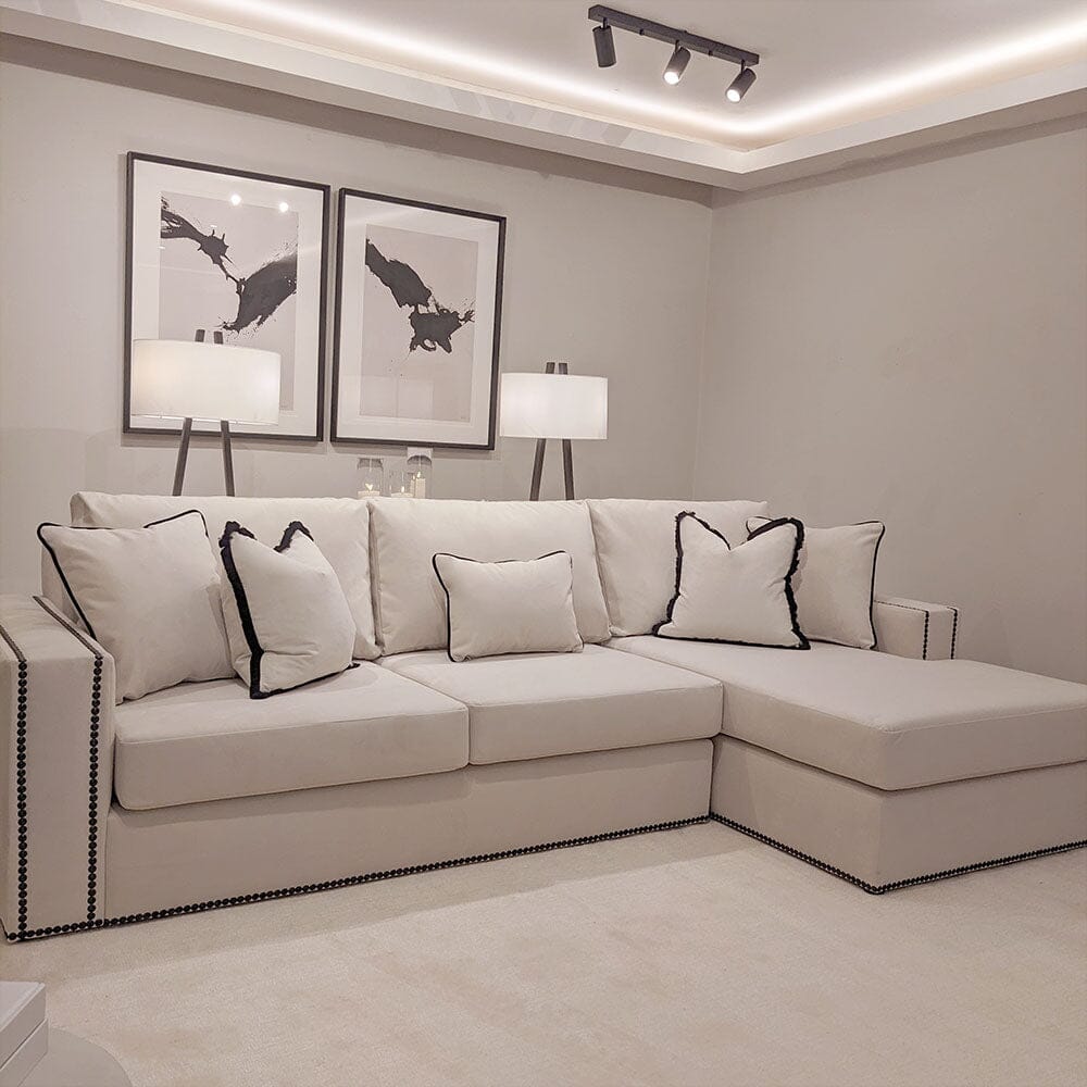 Mayfair Cream Velvet Sofa Collection, With Black Studs Lage Right Hand Facing 