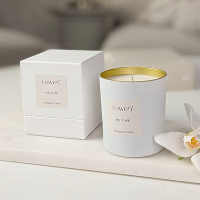Me Time White & Gold Scented Candle - Bergamot & Musk Fragrance 