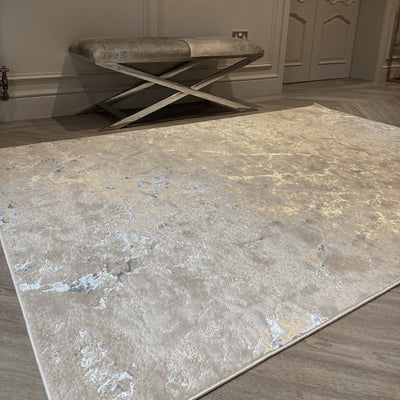 Nebula Cream & Metallic Silver Marble Velvet Rug Rug 