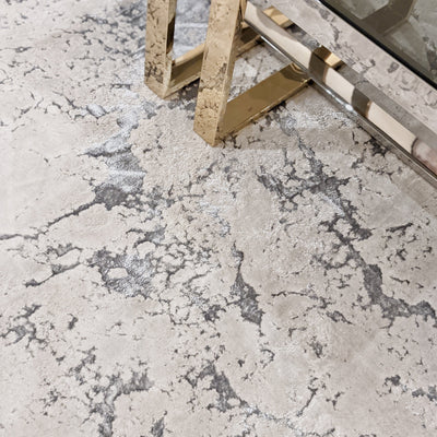 Nebula Cream & Metallic Silver Marble Velvet Rug Rug 