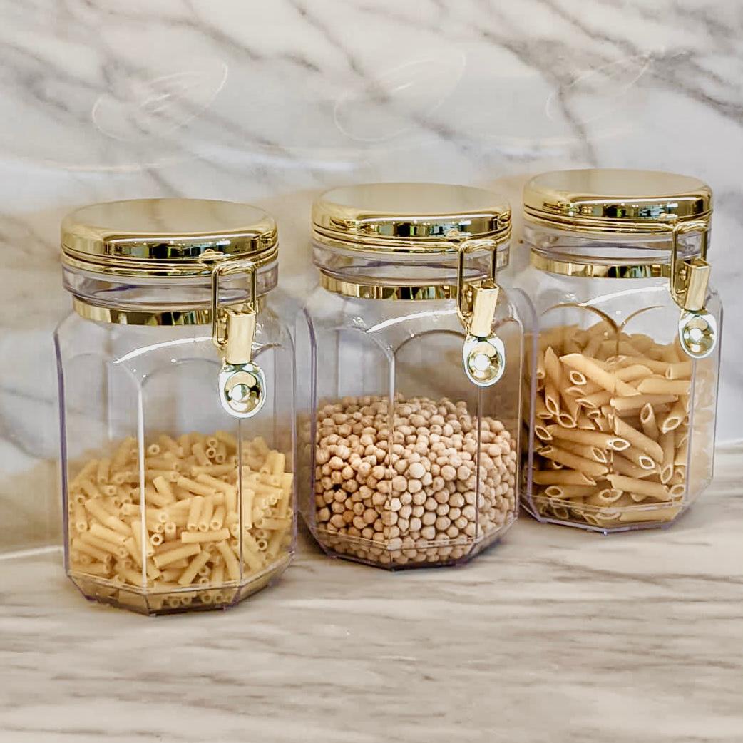 Pharaoh Large Gold Finish Octagonal Clear Perspex Jar - Set of 3 Accessories 