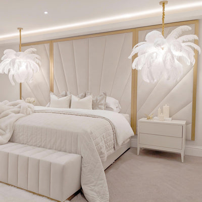 Sunburst Cream Velvet & Gold Luxury Wall Mounted Headboard with Wings Made to Order Headboard 
