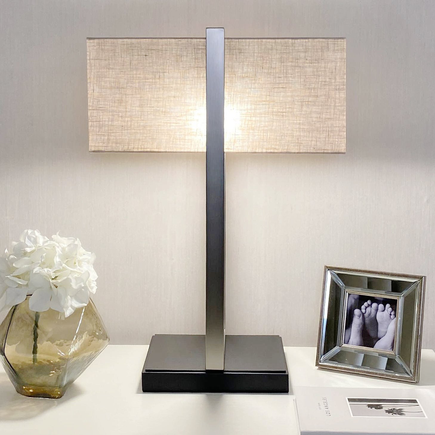 Tarla Rectangular Nickel Table Lamp with Neutral Shade Lighting 